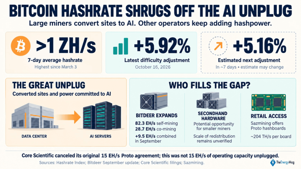 Bitcoin Hashrate Shrugs off the AI Unplug, Regaining 1 ZH/s Level