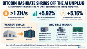 Bitcoin Hashrate Shrugs off the AI Unplug, Regaining 1 ZH/s Level