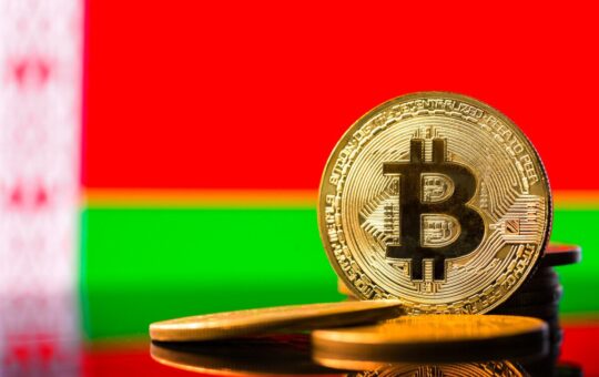 A token representing Bitcoin against the background of the flag of Belarus.