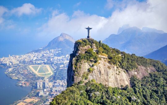 An aerial view of the Rio de Janeiro skyline in Brazil.